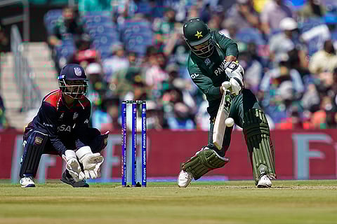 Shadab Khan plays a shot against United States